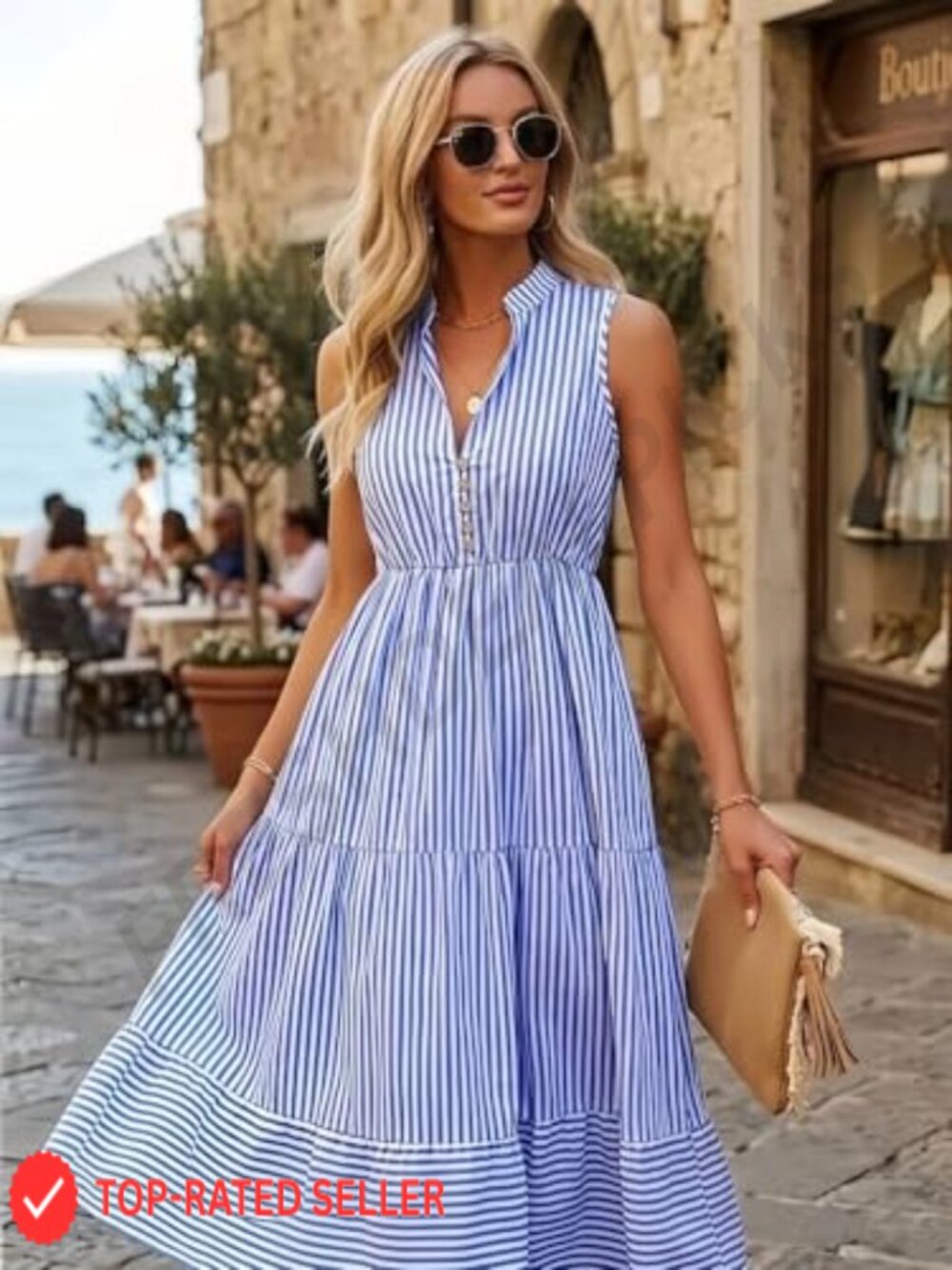 Striped V-Neck Sleeveless Midi Dress A-Line High Waist Summer Wedding Guest - Picture 7 of 7